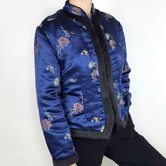 Vintage Asian style Jacket M womens blue fur lined Satin floral mandarin collar - Picture 2 of 14